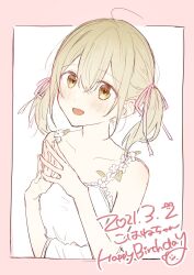 Rule 34 | 1girl, :d, azusawa kohane, bare shoulders, blonde hair, blush, brown eyes, character name, commentary request, dated, dot nose, flower, hair between eyes, hands up, happy birthday, highres, jishio, leaf, open mouth, project sekai, short twintails, sleeveless, smile, solo, twintails, upper body, white flower