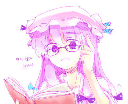 Rule 34 | 1girl, bespectacled, book, bow, crescent, female focus, glasses, hair bow, hat, lowres, mob cap, open book, patchouli knowledge, purple hair, reading, solo, touhou, upper body, white background