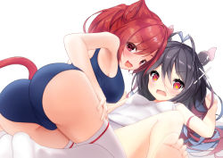 Rule 34 | 2girls, :d, absurdres, animal ears, antenna hair, ass, azur lane, bare legs, bare shoulders, barefoot, black hair, black legwear, blue hair, blush, breasts, commentary, embarrassed, fang, fangs, feet, gradient hair, hair ornament, hand on own thigh, highres, horns, i-168 (azur lane), i-19 (azur lane), kurono suzuran, long hair, looking at viewer, medium breasts, multicolored hair, multiple girls, no shoes, one-piece swimsuit, open mouth, red eyes, red hair, school swimsuit, small breasts, smile, swimsuit, symbol-shaped pupils, tail, thighhighs, toes, white background, white one-piece swimsuit, x hair ornament