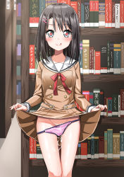 Rule 34 | 10s, 1girl, :q, absurdres, aro 1801, artist name, bang dream!, black hair, blush, book, bookshelf, brown dress, buttons, character name, clothes lift, clothes writing, commentary request, cum, cum on body, cum on lower body, double-breasted, dress, dress lift, grey eyes, groin, hair ornament, hairclip, hanasakigawa school uniform, heart, heart-shaped pupils, highres, indoors, library, licking lips, lifting own clothes, long sleeves, looking at viewer, lowleg, lowleg panties, medium hair, neck ribbon, okusawa misaki, panties, panty pull, pink panties, pleated dress, pussy, pussy juice, pussy juice trail, pussy peek, red ribbon, ribbon, school uniform, self exposure, solo, standing, symbol-shaped pupils, thigh gap, tongue, tongue out, underwear