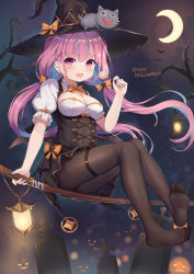Rule 34 | 1girl, :d, absurdres, alternate costume, ass, bare tree, black dress, black hat, breasts, broom, broom riding, cat, cleavage, crescent moon, dress, fang, feet, graves, halloween, hand up, happy halloween, hat, highres, hokori sakuni, hololive, lamp, long hair, looking at viewer, low twintails, medium breasts, minato aqua, moon, multicolored hair, nail polish, neko (minato aqua), no shoes, open mouth, pantyhose, purple eyes, purple hair, revision, short sleeves, smile, solo, streaked hair, thigh strap, tree, twintails, two-tone hair, virtual youtuber, witch, witch hat