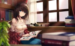 Rule 34 | 10s, 1girl, bare shoulders, black hair, blue eyes, blurry, blush, book, book stack, bookshelf, breasts, commentary request, curtains, depth of field, expressionless, fukai ryosuke, hairband, holding, holding book, idolmaster, idolmaster cinderella girls, indoors, jewelry, long hair, long sleeves, looking at viewer, necklace, off-shoulder, off-shoulder sweater, off shoulder, open book, pendant, plant, ribbed sweater, sagisawa fumika, shawl, sitting, solo, sweater, window