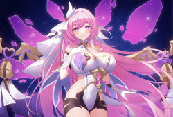 Rule 34 | 1girl, absurdres, bare shoulders, blue background, blush, breasts, commentary, cowboy shot, diamond-shaped pupils, diamond (shape), dress, elysia (herrscher of human:ego) (honkai impact), elysia (honkai impact), floating hair, gloves, gradient background, grin, hair intakes, hair ornament, hand on own chest, highres, honkai (series), honkai impact 3rd, large breasts, long hair, looking at viewer, morung, pink hair, purple eyes, revealing clothes, smile, solo, symbol-shaped pupils, thighs, very long hair, white dress, white gloves