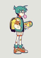 Rule 34 | 1boy, backpack, bag, bandage on knee, edogawa conan, from side, full body, glasses, green hair, green jacket, green socks, grey background, hand in pocket, highres, holding, jacket, meitantei conan, open clothes, open jacket, red eyes, red footwear, shoes, short hair, sideways glance, simple background, socks, solo, standing, tenteko mai51, white jacket, yellow bag
