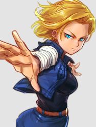 Rule 34 | 1girl, android 18, aqua eyes, belt, black shirt, blonde hair, blurry, cowboy shot, denim, denim skirt, depth of field, dragon ball, dragonball z, expressionless, eyelashes, floating hair, frown, grey background, kemachiku, long sleeves, looking at viewer, outstretched arms, shirt, short hair, simple background, skirt, solo, striped, waiscoat