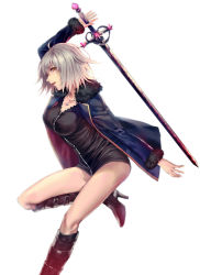 Rule 34 | 1girl, ahoge, applekun, arm up, black footwear, black shirt, blue sweater, breasts, cardigan, cleavage, collarbone, fate/grand order, fate (series), fur trim, high heels, highres, holding, holding sword, holding weapon, jeanne d&#039;arc (fate), jeanne d&#039;arc alter (fate), jeanne d&#039;arc alter (ver. shinjuku 1999) (fate), jewelry, leg up, medium breasts, necklace, official alternate costume, open cardigan, open clothes, shirt, short hair, silver hair, simple background, solo, standing, standing on one leg, sweater, sword, weapon, white background, wicked dragon witch ver. shinjuku 1999, yellow eyes