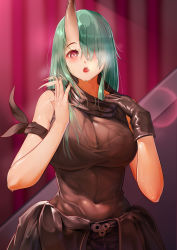 Rule 34 | 1girl, absurdres, alternate eye color, arknights, arm ribbon, bare arms, bare shoulders, black gloves, black ribbon, black shirt, breasts, breath, chinese commentary, commentary request, covered navel, gloves, green hair, grey nails, hair over one eye, hands up, highres, horns, hoshiguma (arknights), large breasts, long hair, looking at viewer, nail polish, open mouth, pink eyes, ribbon, shirt, single glove, single horn, sleeveless, sleeveless shirt, smlltb, solo, upper body