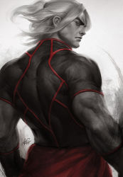 Rule 34 | 1boy, from behind, highres, ken masters, looking at viewer, looking back, male focus, monochrome, muscular, serious, shirt, short sleeves, signature, solo, spot color, stanley lau, street fighter, street fighter v