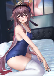 Rule 34 | 1girl, absurdres, alternate costume, barbara (genshin impact), bed sheet, black hat, black nails, blonde hair, blue one-piece swimsuit, branch, breasts, brown hair, cleavage, flower, genshin impact, hair between eyes, hat, hat flower, highres, hu tao (genshin impact), long hair, looking at viewer, medium breasts, nail polish, nude, on bed, one-piece swimsuit, open mouth, projected inset, rosumerii, school swimsuit, sitting, small breasts, solo, swimsuit, symbol-shaped pupils, thighhighs, thighs, twintails, twitter username, wariza, white thighhighs