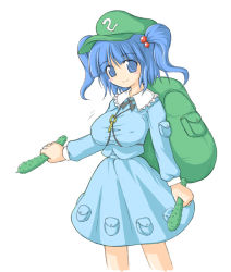 Rule 34 | 1girl, backpack, bag, blue eyes, blue hair, blush stickers, breasts, covered erect nipples, cucumber, female focus, hair bobbles, hair ornament, hat, kawashiro nitori, large breasts, looking at viewer, matching hair/eyes, miyata gakuman, motion lines, simple background, solo, standing, touhou, twintails, two side up, white background