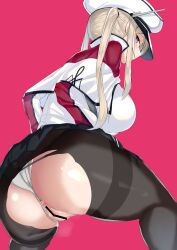 Rule 34 | 1girl, absurdres, anus, ass, bar censor, black pantyhose, blue eyes, blush, breasts, censored, clothing aside, commentary request, graf zeppelin (kancolle), hat, highres, kantai collection, large breasts, long hair, long sleeves, looking at viewer, looking back, maruyaa (malya1006), panties, panties aside, pantyhose, pink background, pussy, sidelocks, simple background, solo, thighband pantyhose, thighs, torn clothes, torn pantyhose, twintails, underwear, white hat, white panties