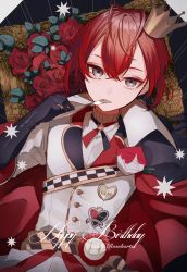 Rule 34 | 1boy, absurdres, blue eyes, crown, flower, fork, head rest, head tilt, heart, highres, kenpin, looking at viewer, pale skin, red hair, riddle rosehearts, rose, school uniform, sitting, solo, throne, twisted wonderland, utensil in mouth