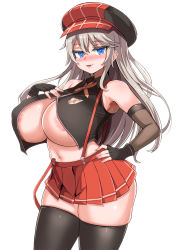 Rule 34 | 1girl, absurdres, alisa ilinichina amiella, areola slip, armpits, asanagi (style), black gloves, black thighhighs, black vest, blue eyes, blush, breasts, cabbie hat, cowboy shot, cropped vest, curvy, detached sleeves, fingerless gloves, gloves, god eater, grey hair, hand on own chest, hand on own hip, hat, highres, huge breasts, kim wang jang, long hair, long sleeves, looking at viewer, miniskirt, navel, nose blush, plaid headwear, pleated skirt, red hat, red skirt, simple background, skindentation, skirt, solo, suspender skirt, suspenders, thighhighs, undersized clothes, vest, white background, zettai ryouiki