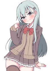 Rule 34 | 1girl, absurdres, aqua hair, blazer, bow, bowtie, brown cardigan, brown jacket, brown skirt, brown thighhighs, cardigan, cowboy shot, dress, frilled skirt, frills, green eyes, hair ornament, hairclip, highres, jacket, kantai collection, long hair, pleated dress, red bow, red bowtie, school uniform, simple background, sitting, skirt, solo, suzuya (kancolle), suzuya kai ni (kancolle), thighhighs, tiemu (man190), white background