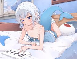 Rule 34 | 1girl, absurdres, airenif, bed sheet, blue camisole, blue eyes, blue shorts, blush, braid, breasts, camisole, closed mouth, collarbone, commentary, commentary request, crossed bangs, english commentary, fins, fish hair ornament, fish tail, gawr gura, hair ornament, highres, hololive, hololive english, loose socks, lying, math, medium hair, on bed, on stomach, shark girl, shark hair ornament, shark tail, shorts, small breasts, socks, solo, striped clothes, striped socks, tail, v-shaped eyebrows, virtual youtuber