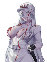 Rule 34 | 1girl, absurdres, after battle, baseball cap, belt, black gloves, blood, blood on clothes, blood on face, breasts, cleavage, colored skin, commentary request, eyelashes, fingerless gloves, gloves, grey eyes, hair over one eye, hand on hilt, hat, hataraku saibou, hataraku saibou black, high collar, highres, jumpsuit, kumiko shiba, large breasts, lips, long hair, no bra, open clothes, pale skin, partially unzipped, silver hair, solo, standing, sweat, u-1196, very long hair, white background, white blood cell (hataraku saibou), white jumpsuit, white skin, white uniform