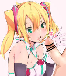 Rule 34 | 10s, 1boy, 1girl, ahoge, bar censor, bare shoulders, blonde hair, blush, breasts, censored, cleavage, clothed female nude male, detached collar, dot nose, dress, facing viewer, fellatio, gloves, green eyes, hacka doll, hacka doll 1, hair ornament, hand up, hetero, highres, long hair, medium breasts, muoto, nude, open mouth, oral, penis, simple background, solo focus, strapless, strapless dress, sweat, teeth, tongue, tongue out, twintails, two side up, upper body, upper teeth only, white background, white gloves, wing collar