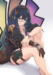 Rule 34 | &gt;:), 1girl, bare legs, barefoot, black-framed eyewear, black jacket, blue eyes, blue hair, blue shorts, breasts, brown gloves, brown hairband, closed mouth, commentary request, feet out of frame, glasses, gloves, granblue fantasy, hair between eyes, hair ornament, hairband, highres, illnott (granblue fantasy), jacket, knees up, long hair, medium breasts, pak ce, puffy short sleeves, puffy sleeves, shirt, short shorts, short sleeves, shorts, single glove, sitting, smile, solo, very long hair, white shirt
