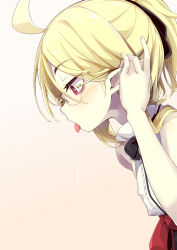 Rule 34 | 1girl, ahoge, airi (ogami kazuki), bare arms, bare shoulders, black bow, blonde hair, bow, brown background, commentary request, from side, glasses, hair between eyes, hair bow, tucking hair, hand up, highres, ogami kazuki, original, pointy ears, ponytail, profile, red bow, red eyes, saliva, saliva trail, shirt, sleeveless, sleeveless shirt, solo, tongue, tongue out, upper body, vampire, white shirt