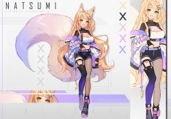 Rule 34 | 1girl, animal ear fluff, animal ears, artist name, black footwear, black gloves, black pantyhose, black shorts, blonde hair, boots, breasts, cleavage, commission, crop top, cross-laced footwear, ear piercing, fingerless gloves, fishnet thighhighs, fishnets, fox ears, fox girl, fox tail, gloves, gradient legwear, green eyes, hair ornament, hairclip, highres, hyanna-natsu, jacket, lace-up boots, pantyhose under shorts, long hair, long sleeves, looking at viewer, medium breasts, midriff, multiple views, navel, off shoulder, open clothes, open jacket, original, pantyhose, parted lips, piercing, puffy long sleeves, puffy sleeves, purple thighhighs, short shorts, shorts, single leg pantyhose, single thighhigh, smile, standing, standing on one leg, swept bangs, tail, thighhighs, very long hair, white jacket