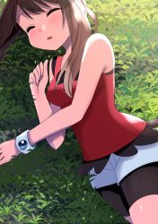 Rule 34 | 1girl, bare shoulders, bike shorts, bike shorts under shorts, blush, breasts, brown hair, closed eyes, creatures (company), eyebrows, game freak, grass, highres, long hair, lying, may (pokemon), medium breasts, nintendo, on grass, on side, open mouth, pokemon, pokemon oras, shirt, shorts, sleeping, solo, yuihico