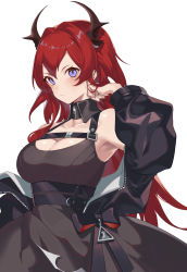 Rule 34 | 1girl, absurdres, arknights, bare shoulders, belt, black belt, black dress, blush, breasts, cleavage, commentary request, dress, hair intakes, hati105, highres, horns, large breasts, long hair, long sleeves, looking at viewer, off shoulder, partial commentary, purple eyes, red hair, simple background, sleeveless, sleeveless dress, solo, surtr (arknights), upper body, very long hair, white background