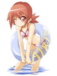Rule 34 | 1girl, bad id, bad pixiv id, bent over, bikini, blush, bow, bow bikini, character name, chicago-x, digimon, digimon xros wars, flat chest, hair between eyes, heart, hinomoto akari, innertube, looking at viewer, low twintails, one eye closed, red eyes, red hair, short hair, short twintails, simple background, sketch, smile, solo, standing, striped bikini, striped clothes, swim ring, swimsuit, transparent, twintails, wading, water, white background