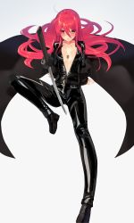 Rule 34 | 1girl, areola slip, blush, bodysuit, breasts, cape, hair between eyes, highres, jewelry, katana, latex, latex bodysuit, long hair, looking at viewer, necklace, ohlia, red eyes, red hair, shakugan no shana, shana, sitting, small breasts, solo, spread legs, sword, very long hair, weapon
