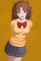 Rule 34 | 1girl, arms behind back, bow, bowtie, breasts, brown eyes, brown hair, cardigan, collared shirt, commentary, drid, grey skirt, highres, long sleeves, looking at viewer, medium breasts, medium hair, miniskirt, open mouth, parted bangs, pleated skirt, red bow, school uniform, shirt, simple background, skirt, smile, solo, teeth, tsukihime, tsukihime (remake), two side up, uniform, upper teeth only, white shirt, yellow background, yellow cardigan, yumizuka satsuki