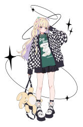 Rule 34 | 1girl, absurdres, arm at side, artist name, black footwear, black skirt, blonde hair, braid, checkered clothes, checkered jacket, full body, green shirt, grey eyes, hand up, highres, holding, holding stuffed toy, jacket, long hair, long sleeves, looking at viewer, minj kim, multicolored footwear, o3o, open clothes, open jacket, original, shirt, shoes, simple background, skirt, sleeves past wrists, solo, standing, stuffed animal, stuffed rabbit, stuffed toy, white background, white footwear
