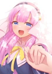 Rule 34 | 1girl, 1other, :d, black dress, blue eyes, bow, commentary request, dress, highres, holding hands, juliet sleeves, kamisama ni natta hi, long hair, long sleeves, looking at viewer, nakamura hinato, open mouth, pink hair, puffy sleeves, satou hina (kamisama ni natta hi), smile, solo focus, veil, white background, yellow bow