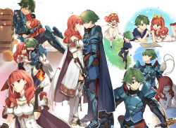 Rule 34 | 1boy, 1girl, absurdres, aged down, alm (fire emblem), armor, armored boots, black thighhighs, bodysuit, book, boots, box, brown footwear, cape, carrying, celica (fire emblem), closed eyes, couple, detached collar, dress, earrings, face-to-face, fingerless gloves, fire, fire emblem, fire emblem echoes: shadows of valentia, food, fruit, gloves, green eyes, green hair, hairband, hetero, highres, holding hands, hug, jewelry, looking at another, looking at viewer, lying, medium hair, misu kasumi, multiple views, nintendo, on stomach, open mouth, orange (fruit), own hands together, pants, petals, pinky swear, praying, princess carry, red eyes, red hair, ribbed bodysuit, shin guards, shirt, shoes, short hair, smile, sword, thigh boots, thighhighs, thighhighs under boots, thighs, weapon, white footwear, white thighhighs