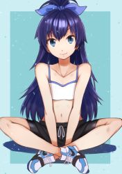 Rule 34 | 1girl, antenna hair, between legs, bike shorts, black shorts, black skirt, blue background, blue bow, blue eyes, blue hair, bow, bra, breasts, closed mouth, collarbone, fang, fang out, full body, ganaha hibiki, hair between eyes, hair bow, hand between legs, high ponytail, highres, idolmaster, idolmaster (classic), long hair, looking at viewer, midriff, miniskirt, navel, nike (company), ribbon, shoes, short shorts, shorts, shorts under skirt, sitting, skirt, small breasts, smile, sneakers, solo, stomach, suzumo70, underwear, v-shaped eyebrows, very long hair, white bra, white ribbon