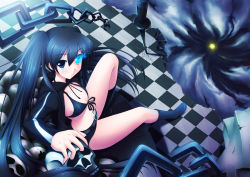 Rule 34 | 10s, 1girl, bikini, bikini top only, black rock shooter, black rock shooter (character), blue eyes, boots, breasts, chain, eyepatch, female focus, full body, glowing, glowing eyes, highres, long hair, looking back, massan, sitting, skull, solo, star (symbol), swimsuit, sword, twintails, weapon