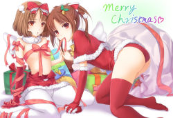 Rule 34 | 2girls, all fours, arm support, ass, bow, brown eyes, brown hair, chobipero, christmas, crotch seam, curly hair, elbow gloves, english text, flat chest, gloves, hair bow, hair ornament, holding hands, interlocked fingers, looking at viewer, mouth hold, multiple girls, naked ribbon, navel, open mouth, original, panties, panties under pantyhose, pantyhose, ponytail, red eyes, red gloves, red legwear, ribbon, ribbon in mouth, santa costume, sitting, thighhighs, topless, underwear, white pantyhose, wings