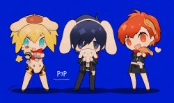 Rule 34 | 1boy, 2girls, absurdres, aegis (persona), android, animal ears, aqua eyes, armband, black skirt, blonde hair, blue background, blue eyes, blue hair, bow, bowtie, btmr game, character doll, chibi, cinnamoroll, copyright name, gekkoukan high school uniform, heart, highres, holding, holster, joints, kirimichan., long sleeves, multiple girls, open mouth, pants, persona, persona 3, persona 3 portable, pompompurin, ponytail, red eyes, red hair, red neckwear, robot joints, sanrio, school uniform, shiomi kotone, signature, simple background, skirt, standing, star (symbol), white legwear, yuuki makoto (persona 3)