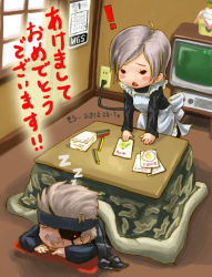 Rule 34 | !, 1boy, 1girl, apron, eyepatch, facial hair, grey hair, kotatsu, metal gear (series), metal gear solid, metal gear solid 4: guns of the patriots, mustache, nessie, new year, old snake, short hair, sleeping, solid snake, sunny gurlukovich, table, television, under table