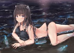 Rule 34 | 1girl, absurdres, bad id, bad pixiv id, bare shoulders, bikini, black bikini, black bow, black hair, blush, bottle, bow, bow bikini, breasts, cleavage, closed mouth, collarbone, commentary request, frilled bikini, frills, glass bottle, grey bow, groin, hair bow, halterneck, highres, long hair, looking at viewer, lying, medium breasts, na kyo, navel, on stomach, on water, original, purple eyes, sidelocks, smile, solo, stomach, swimsuit, water, water bottle