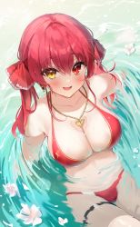 Rule 34 | 1girl, bikini, breasts, earrings, flower, hair between eyes, hair ribbon, heart, heart earrings, heart necklace, heterochromia, highres, hololive, houshou marine, houshou marine (summer), iop5509, jewelry, large breasts, long hair, looking at viewer, necklace, o-ring, o-ring thigh strap, open mouth, partially submerged, red bikini, red eyes, red ribbon, ribbon, sharp teeth, smile, swimsuit, teeth, thigh strap, twintails, upper teeth only, virtual youtuber, water, wet, yellow eyes