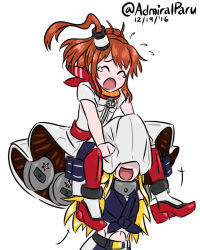 Rule 34 | 10s, 2girls, admiral paru, aged down, belt, breast pocket, brown hair, carrying, dress, hair between eyes, hair ornament, iowa (kancolle), kantai collection, long hair, multiple girls, neckerchief, pocket, ponytail, red legwear, red neckerchief, saratoga (kancolle), shoulder carry, side ponytail, smokestack, under another&#039;s clothes, white dress