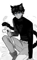 Rule 34 | 1boy, anger vein, angry, animal ears, belt, black hair, blue eyes, cat boy, cat ears, cat tail, dark-skinned male, dark skin, dungeon meshi, highres, holding, holding knife, kabru, knife, looking at viewer, male focus, pants, short hair, solo, tail, turtleneck, white background, wo yao chifan