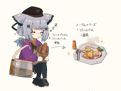 Rule 34 | 1girl, arknights, arrow (symbol), bag, baguette, black footwear, black hat, black pantyhose, blush, bread, brown sweater, closed eyes, commentary request, food, fork, grey hair, hat, highres, hugging object, jacket, knife, official alternate costume, open clothes, open jacket, pantyhose, paper bag, parted lips, ptilopsis (arknights), ptilopsis (serenity) (arknights), purple jacket, ribbed sweater, ryu (17569823), shoes, sitting, sleeping, smoke, solo, sparkle, sweater, translation request, white background, zzz