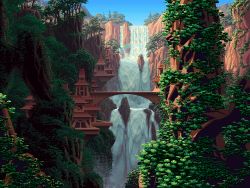 Rule 34 | animated, animated gif, bridge, copyright request, dithering, forest, mark ferrari, nature, no humans, outdoors, pixel art, rainbow, scenery, tree, water, waterfall