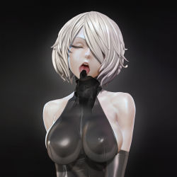 Rule 34 | 1girl, 3d, black gloves, black leotard, blue eyes, breasts, covered eyes, elbow gloves, gloves, hair over one eye, highres, large breasts, latex, latex gloves, latex leotard, leotard, leslyzerosix, nier (series), nier:automata, no blindfold, open mouth, solo, upper body, white hair, 2b (nier:automata), zipper