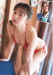 Rule 34 | 1girl, bikini, indoors, komiya arisa, looking at viewer, magazine scan, photo (medium), red bikini, scan, standing, swimsuit, voice actor