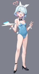 Rule 34 | 1girl, :d, absurdres, alternate costume, arona (blue archive), bare legs, bare shoulders, blue archive, blue eyes, blue hair, blue leotard, blush, braid, breasts, covered navel, detached collar, full body, hair over one eye, hair ribbon, hairband, halo, hands up, happy, heart, high heels, highres, holding, holding tray, legs, legs apart, leotard, looking at viewer, medium hair, multicolored hair, open mouth, pink hair, rabbit tail, ribbon, single braid, skin tight, small breasts, smile, solo, somray, standing, tail, tray, two-tone hair, white hairband, white ribbon, wrist cuffs