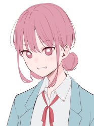 Rule 34 | 1girl, ao no hako (wsj), blazer, blue jacket, blush, chono hina, collared shirt, commentary request, copyright request, double bun, grin, hair between eyes, hair bun, highres, jacket, looking at viewer, meito (maze), neck ribbon, open clothes, open jacket, red eyes, red hair, red ribbon, ribbon, shirt, sidelocks, simple background, smile, solo, upper body, white background, white shirt