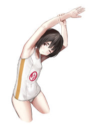 Rule 34 | 1girl, arms up, black hair, breasts, closed mouth, cropped legs, highres, kantai collection, kibitarou, maru-yu (kancolle), old school swimsuit, one-piece swimsuit, one eye closed, school swimsuit, short hair, simple background, small breasts, solo, stretching, sweater, swimsuit, white background, white one-piece swimsuit, white sweater