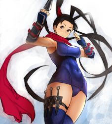 Rule 34 | 1girl, alternate costume, antenna hair, arm guards, armpits, black hair, breasts, fingerless gloves, fishnet thighhighs, fishnets, gloves, high ponytail, highres, ibuki (street fighter), kunai, long hair, medium breasts, navel, nishiide kengorou, one-piece swimsuit, ponytail, scarf, school swimsuit, solo, street fighter, street fighter v, swimsuit, thigh strap, thighhighs, weapon