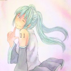 Rule 34 | 1girl, aqua eyes, aqua hair, breasts, detached sleeves, gradient background, hatsune miku, highres, index finger raised, long hair, looking at viewer, looking to the side, miniskirt, no headwear, one eye closed, painting (medium), pleated skirt, purple background, skirt, smile, solo, tattoo, traditional media, twintails, upper body, vocaloid, watercolor (medium), wavy mouth, yuyu (00365676)